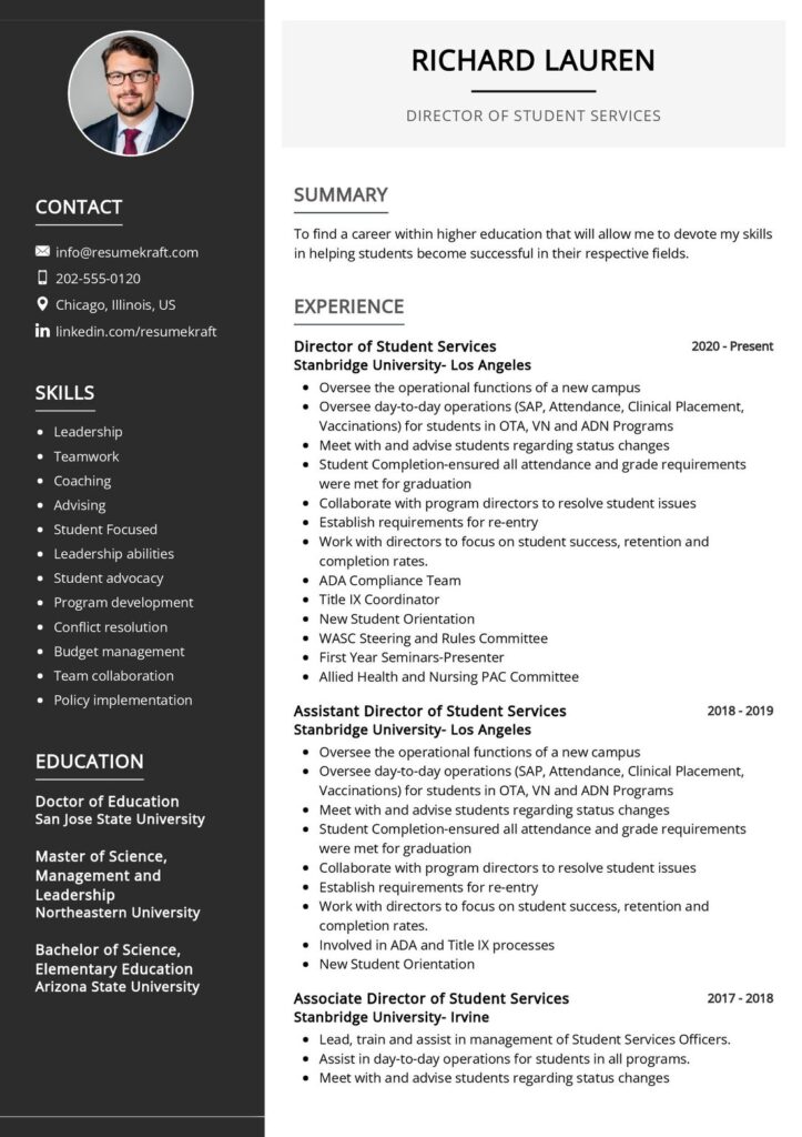 director of student services cv sample